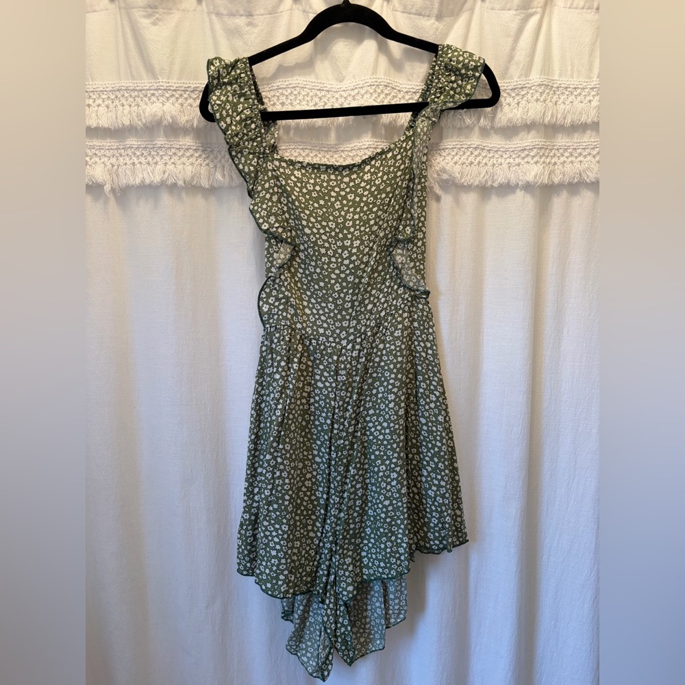Green Floral Romper with Ruffle Details